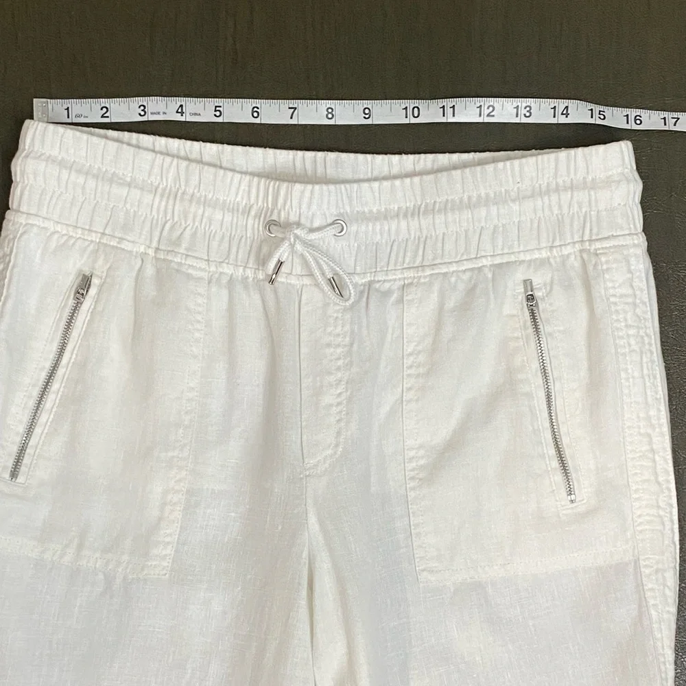 Athleta White Linen 100% Drawstring Cabo Joggers with Zip Pockets Size 10